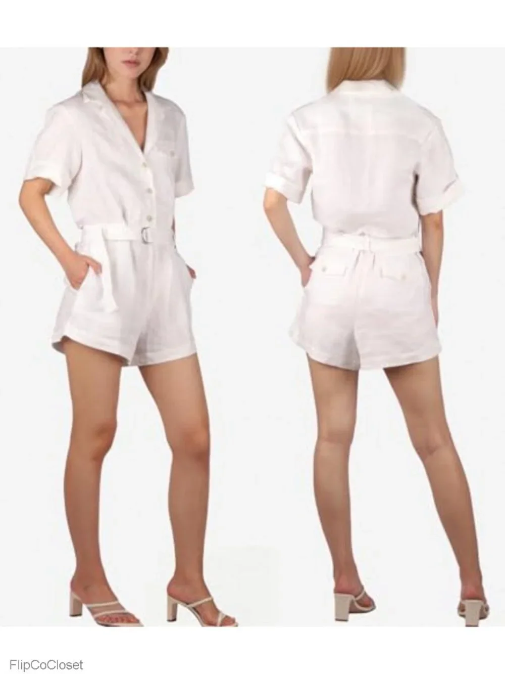 100% Linen Short Romper with Pockets & Belted Summer Jumpsuit